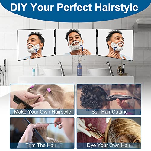 3 Way Mirror for Self Hair Cutting,360 Haircuts Men for Barber Use Tools,to See Back of Head,Tri Fold Mirror with Portable Height Adjustable Telescoping Hooks