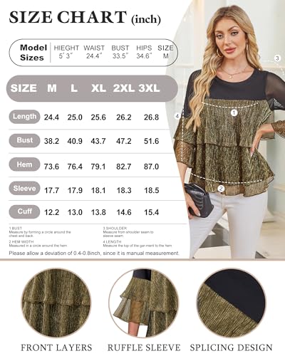 Bebonnie Womens Dressy Sparkly Peplum Tops 3/4 Sleeve Ruffles Elegant Evening Flowy Blouses