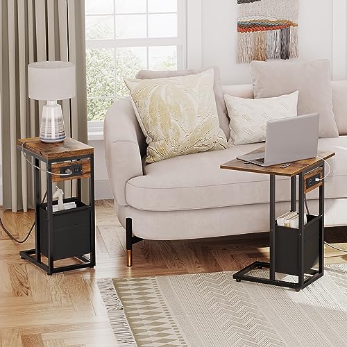 HOOBRO C Shaped Side Table with Charging Station, Foldable End Table with Fabric Bag, Sofa Couch Tray Table for Small Spac...