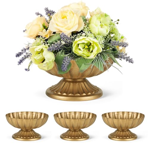 Set of 4, 7'' Wide 3.94'' High Distressed Gold Compote Pedestal Vases, Vintage Antique Urn Gold Flower vases for Centerpie...
