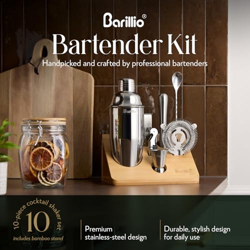 Barillio Bartender Kit - Stainless-Steel Cocktail Shaker Set with Bamboo Stand - Mixology Bar Tools w/Shaker, Drink Mixer ...
