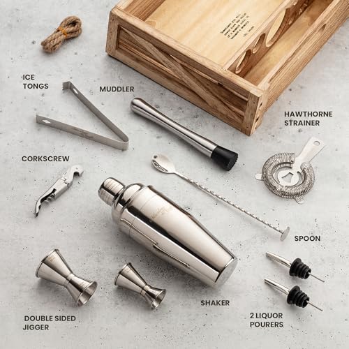 Mixology & Craft 11-Piece Cocktail Shaker Set with Wood Stand | Complete Cocktail Kit Gift Set | Top Bartender Gifts for M...