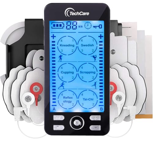 TechCare TENS EMS Muscle Stimulator – Dual Channel Rechargeable Unit with 24 Modes & 20 Intensity Levels for Pain Relief, ...