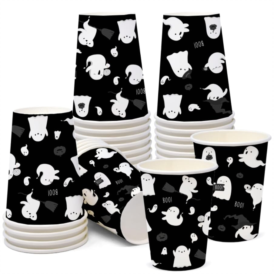 AIBIIN 50 PCS Halloween Party Paper Cups 16 oz Black White Ghost Coffee Cups Cute Halloween Disposable Cold Hot Chocolate Paper Coffee Cup Decorations Boo Ghost Table Party Supplies Decorations