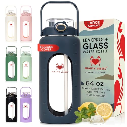 MIGHTY VESSEL 64 oz Glass Water Bottle – Dark Blue | Large Borosilicate Glass Jug with Straw & Time Marker – Leakproof, Tr...