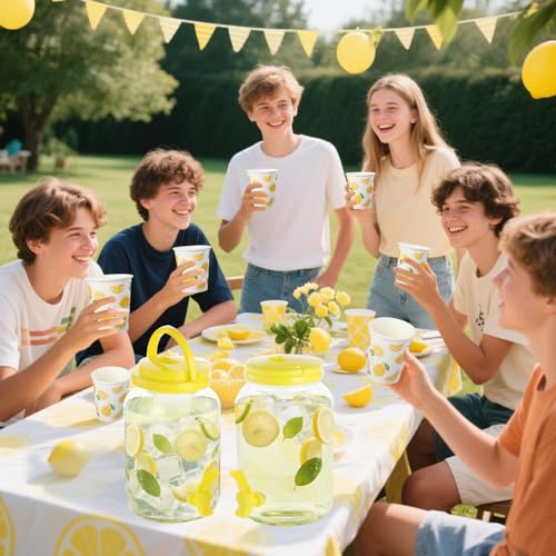 2 Pcs Plastic Beverage Dispenser with Spigot and 40 Pcs Lemon Paper Party Cups Kitchen Fridge Clear Plastic Drink Summer B...