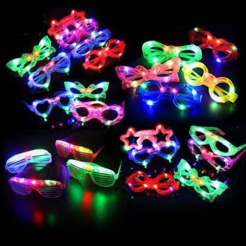 21 Pcs LED Glasses 7 shapes 6 LED Glow In The Dark Party Supplies Favor for Kids Adults shutter heart round star butterfly...