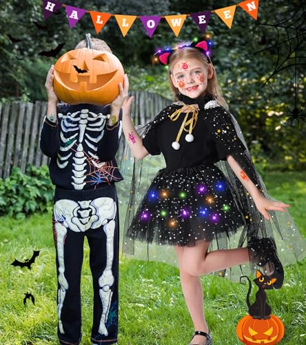 Teuevayl Black Cat Costume and Cape for Girls, 7 Pcs LED Light Up Kids Cat Halloween Costume for Girl Ages 3 4 5 6 7 8