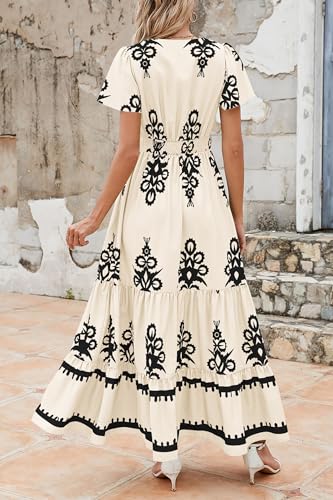 PRETTYGARDEN Womens 2025 Summer Casual V Neck Boho Maxi Dress Flowy Aline Bell Sleeve Tiered Floral Dresses with Pocket