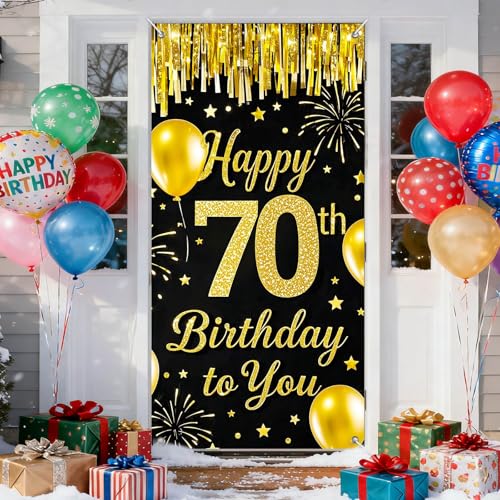 IVN 70th Birthday Door Cover 71x35 Inch Black Gold Birthday Banner for Party Decorations Balloons Stars Fireworks Backdrop...