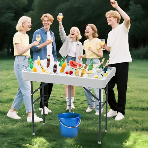 SHAREWIN Folding Ice Cooler Table, Skirt &Drain Hose Plastic Chill Table to Keep Drinks Cool, Portable Foldable Self-Servi...