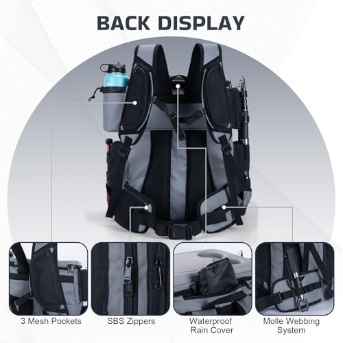 Goture Fishing Backpack with Cooler, 66L 600D Tackle Backpack with 3 Rod Holders, EVA Cover, Helmet Holder, Rain Cover, Sa...