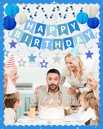 Blue Happy Birthday Decorations, Happy Birthday Banner with Honeycomb Balls, Stars Hanging Swirl Streamers, Dots Garland, ...