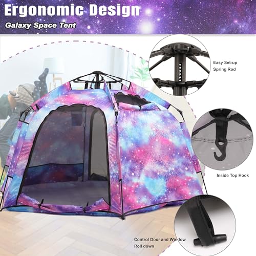 Portable Hexagon Kids Play Tent with LED Strip Lights Indoor Children Play House Easy Set-up Space Large Dream Tent for Ni...