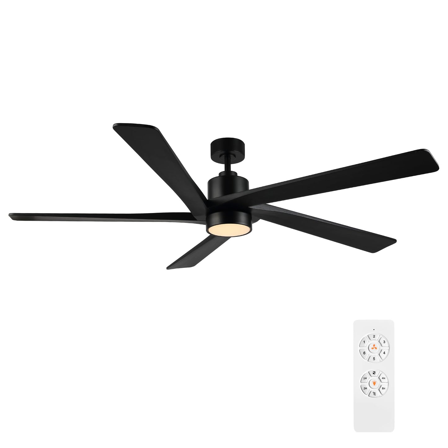 WINGBO 64" DC Ceiling Fan with Lights, 5 Carved Solid Wood Blades, 6-Speed Reversible DC Motor, Matte Black Finish Ceiling Fan with Remote, Black