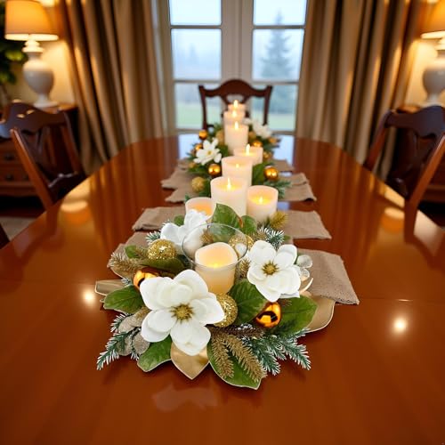 18" Centerpiece with Flameless LED Candle Holder, Design with White Artificial Magnolia, Gold Baubles & Spruce Branches fo...