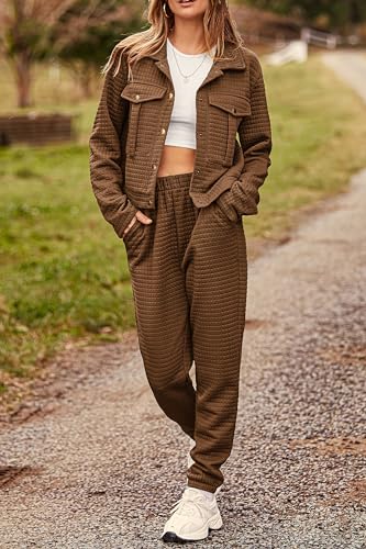PRETTYGARDEN Womens Two Piece Sets Fall 2026 Long Sleeve Button Down Shacket Jacket Long Sweatpants Tracksuit Winter Clothes
