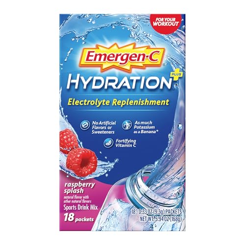 Emergen-C Hydration+ Sports Drink Mix With Vitamin C (18 Count, Raspberry Flavor), Electrolyte Replenishment, 0.33 Ounce P...