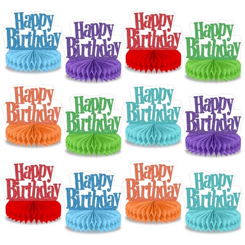 12Pcs Happy Birthday Centerpieces Colorful Birthday Party Decorations Glitter Happy Birthdays Table Honeycomb Centerpieces...