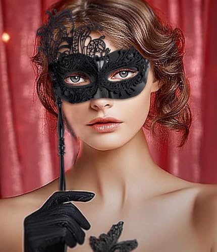 Maeaccx Black Masquerade Mask with Stick Lace Handheld Masks Mardi Gras Cosplay Fashion Shows for Women