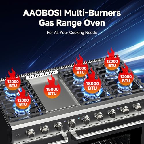 AAOBOSI 48 Inch Freestanding Gas Range Ovens with 7.0 cu.ft Large Capacity Double Convection Ovens, 6 Sealed Burners Plus ...