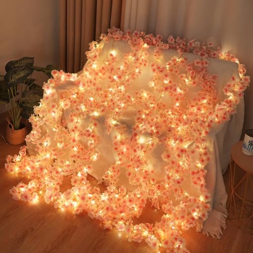 Lfasww Artificial Cherry Blossom Lights，190 LED 5.5ft x 6.2ft Warm White Curtain String Lights with Remote and Timer, 8 Mo...
