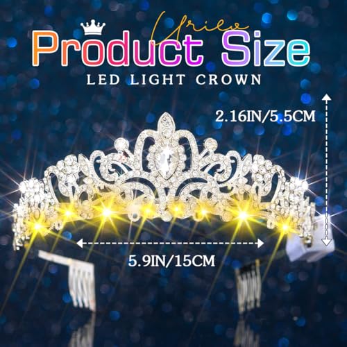 Urieo Light up Rhinestone Tiara LED Silver Crown Headband Glow Wedding Birthday Headpiece for Women