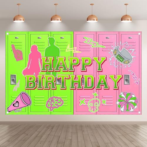 Monalivest 72x43inch Fabric Green and Pink Happy Birthday Backdrop Cheerleading American High School Lockers Photography B...