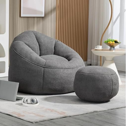 Sudwesto Bean Bag Chair for Adult, Microfiber Upholstered Bean Bag Sofa with Petal Back, Shell-Shaped Beanbag Chair with Footstool, Memory Foam Stuffed Lazy Sofa for Living Room, Bedroom (Grey)