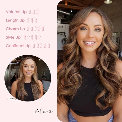 Halo Hair Extensions,Prokyvity Halo Hair Extensions Real Human Hair,Invisible Adjustable Wire Extensions for Seamless Blending 20 inch/70g Medium Brown Streaked with Dark Blonde