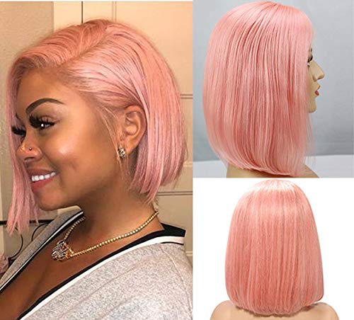 Smartinnov 13x4 HD Lace Front Bob Wigs, Pink Human Hair 8inch Bob Pre Plucked Glueless Short Cut 180% Density HD Transparent Lac