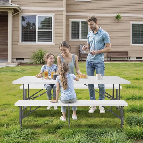 SUPER DEAL Folding Table Set with 2 Benches, 6 FT Camping Picnic Table Set, Outdoor Indoor Portable Furniture for Working ...