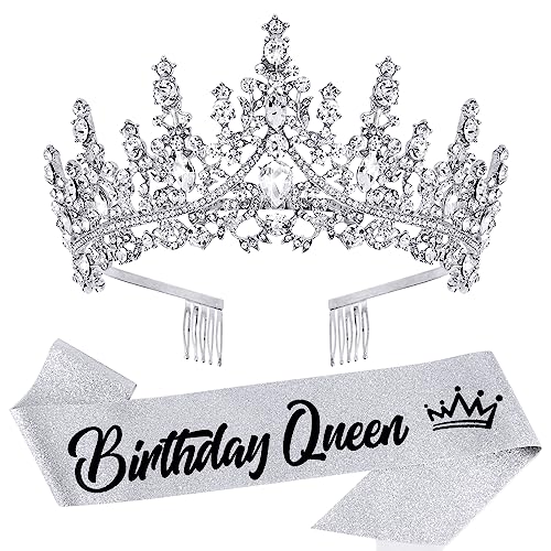VELSCRUN Silver Crystal Birthday Queen Tiara Crowns for Women Girls Birthday Queen Headband Sash Elegant Princess Crown wi...