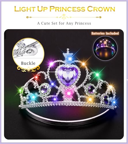 BIBUTY Princess Crown Tiara for Little Girls Princess Dress Up Accessories, Light Up Princess Tiara Wand Toys for 3-6 Girls