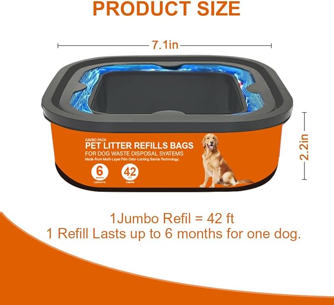 42 FT Jumbo Square Refills Disposal Bags Refill Compatible with Pet Dogs Genie Dog Waste Disposal System Pails, Up to 6 months of Supply,Ultimate Odor Control Dog Poop Bags (6 Pack)