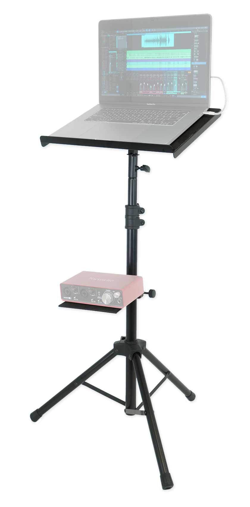 Rockville Rls68 Dual-Tray Laptop/Tablet Stand, Adjustable Height 30-51, Foldable, Portable, For Djs, Presenters, And Musicians