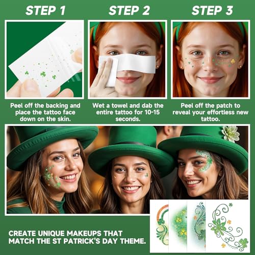 EMOME St Patrick Day Accessories, St Patrick's Day Glitter Shamrock Face Tattoo with Green Face Gems and Faux Freckles, Sa...
