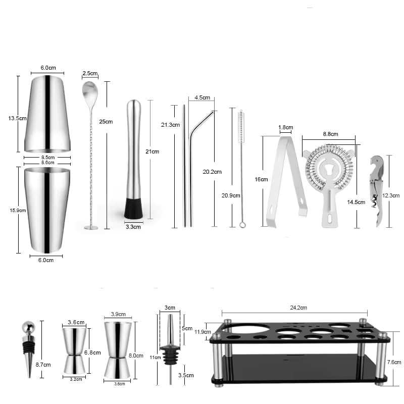 Bartender Cocktail Mixing Kit, Silver Barware Set, Professional Bar Tools with Bottle Opener and Shaker