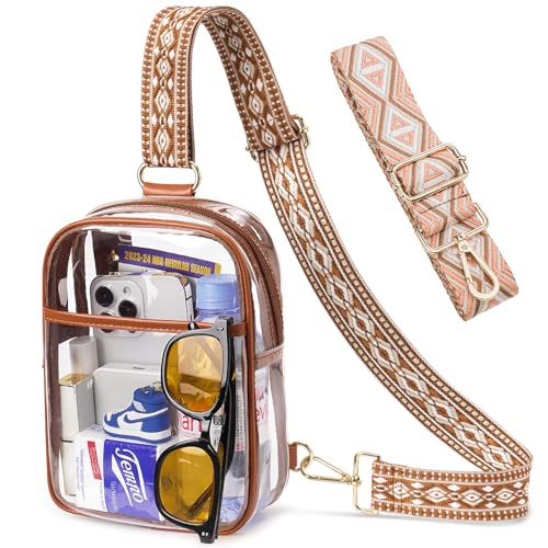 QOECI 3 Pockets Clear Bag for Stadium Events with 2 Long Straps Sling Backpack Fanny Pack Concert Crossbody Purses for Women