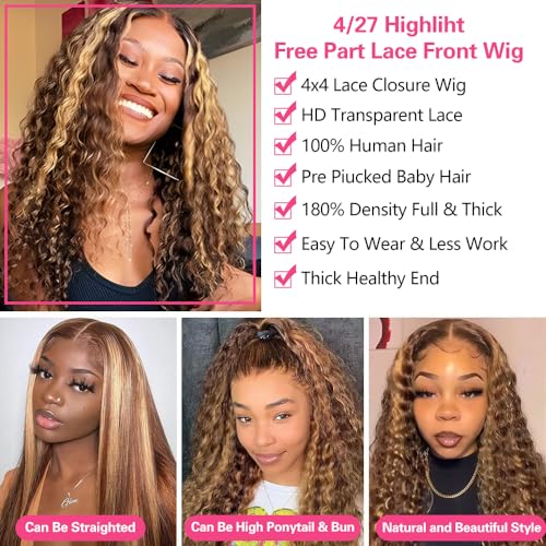 Highlight Ombre Wear and Go Glueless Hd Transparent Deep Curly Honey Blonde Lace Front Wigs Human Hair Pre Plucked with Baby Hair 200% Density 4/27 Water Wave Wig Human Hair