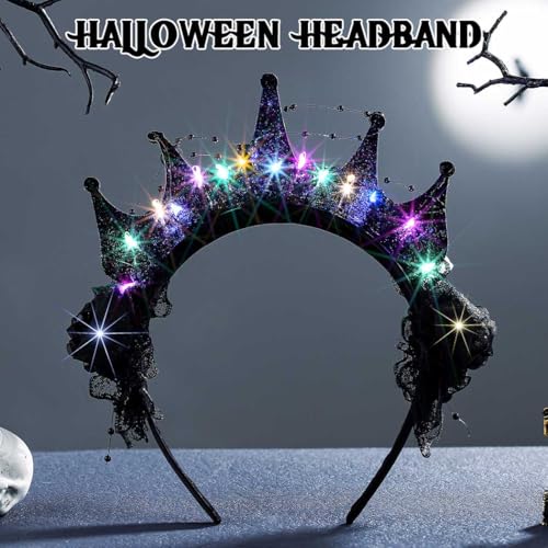 Aceorna Light Up Flower Headband Led Black Crown Hairbands Lace Beads Headpiece Glitter Costume Hair Accessories for Women
