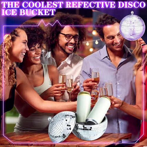 Hoolerry 2L Disco Ball Ice Bucket for Cocktail Bar Retro 70s Barware Mirror Silver Disco Beverage Vase Bowl Drink Barrel D...