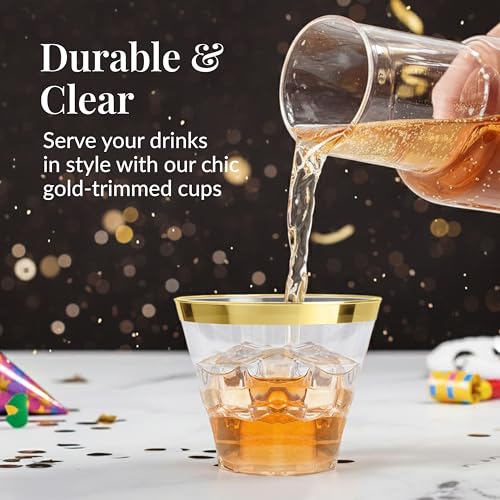 Prestee 100-Pack 9oz Gold Rimmed Plastic Cups Disposable Wine Glasses for Charcuterie, Weddings, Parties, and Events - Ele...