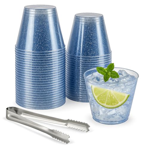 100 Blue Glitter Plastic Cups and 1 Silver Ice Tong Set - 9 Ounce Disposable Cocktail Glasses - Plastic Wine Cups - Blue P...