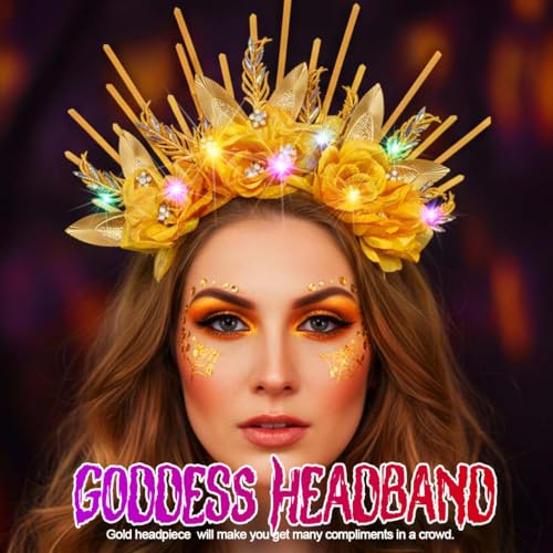 Kilshye Light Up Goddess Headband Gold Flower Headpiece Leaf Halo Headbands for Women