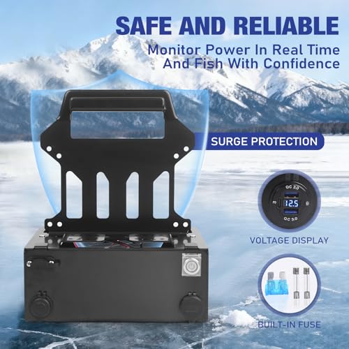 Haoguo Portable Ice Fishing Power Station Mount with Battery Compartment, Dual USB Ports, 12V Car Socket, SAE & Blade Conn...