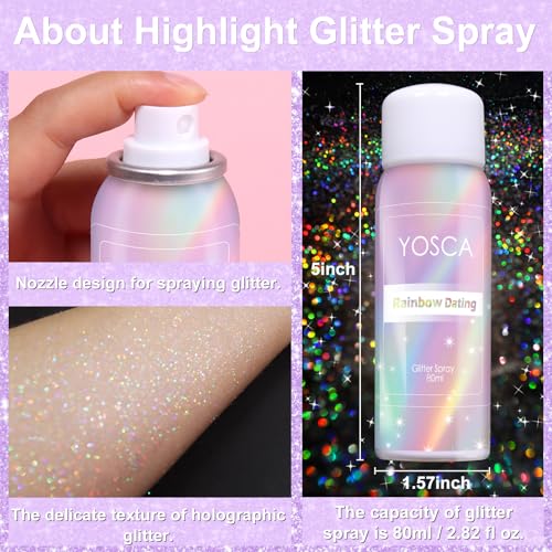 Yosca Body Glitter Spray, 80ML Holographic Silver Glitter Hairspray, Quick-Drying and Long-Lasting Shiny Glitter Spray for...
