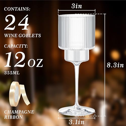 24PCS Ribbed Plastic Wine Glasses - 12oz Unbreakable Wine Glasses with Stem, Disposable Clear Plastic Champagne Cups with ...