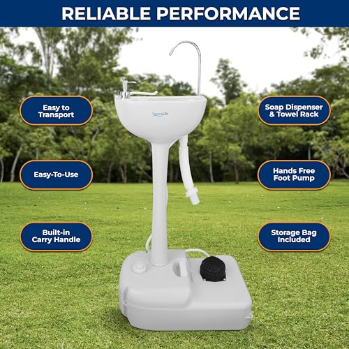 SereneLife Portable Camping Sink with 19L (5+ Gallon) Water Tank, Hands-Free Foot Pump, Soap Dispenser & Towel Holder, Com...