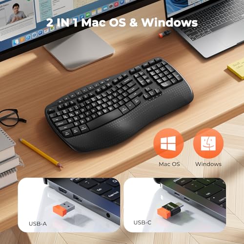 MEETION Wireless Ergonomic Keyboard, Wave Keys Firm Wrist Rest for Natural Typing, 2.4G USB-A Cordless Receiver and USB-C ...